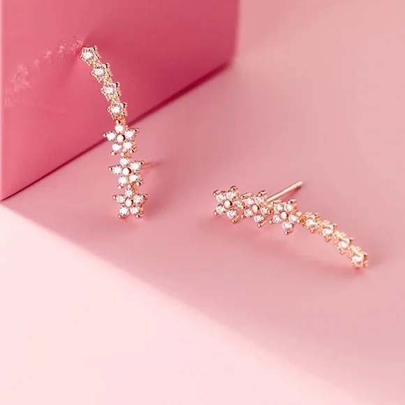 Cherry Blossom Diamond Climber/Crawler Floral Gold Dainty Wedding Gift Earrings - Picture 5 of 8